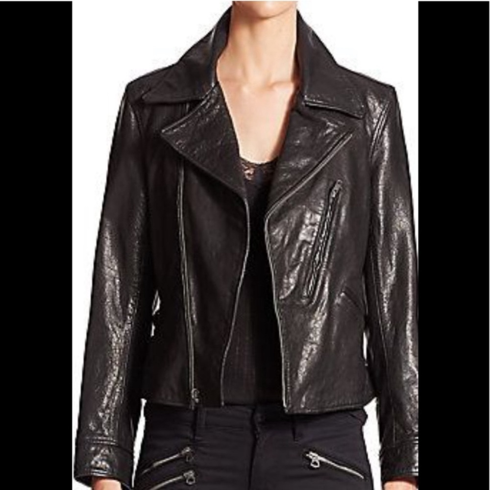 Polo Ralph Lauren Black Silver Zip Buffalo Leather Biker Moto Jacket - Picture 1 of 10